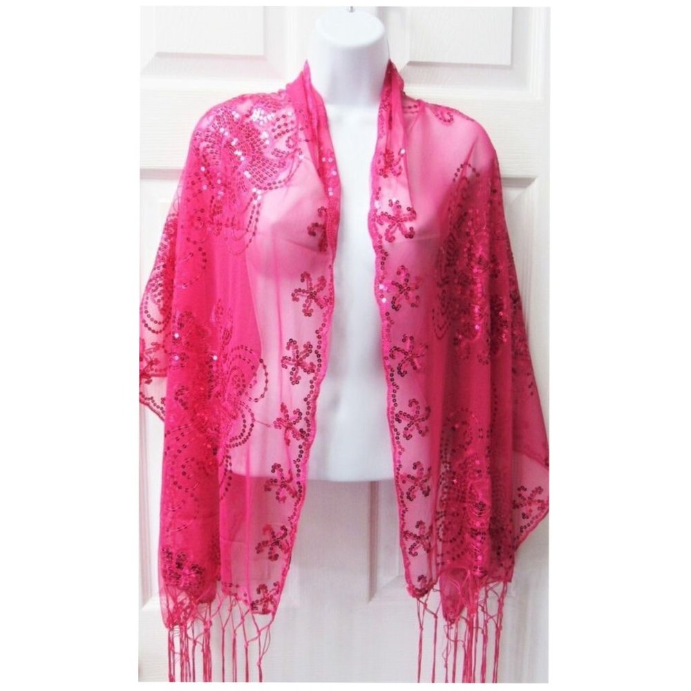 Fuchsia Pink Sequin Shawl Wrap Sparkle Scarf Wedding Bridal Evening Formal Prom